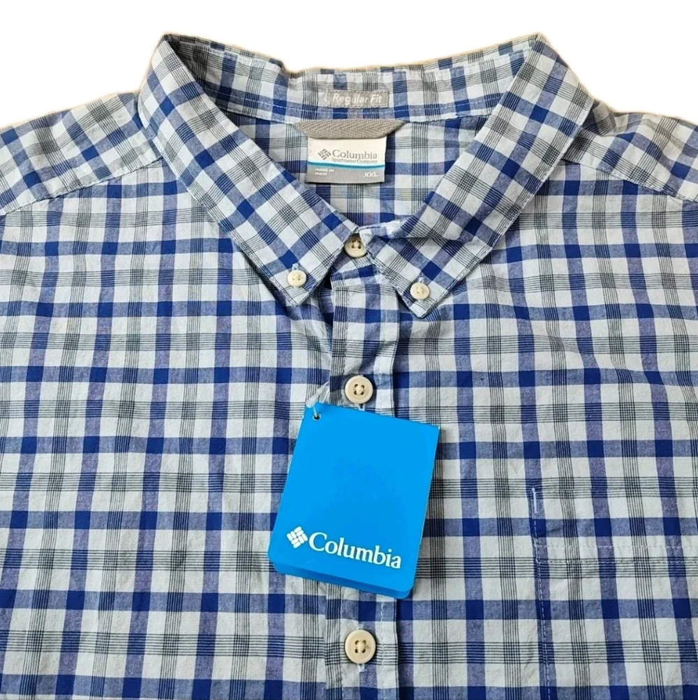 Columbia Rapid Rivers Shirt Men XXL Blue Plaid Poplin Stretch Cotton Button Nwt